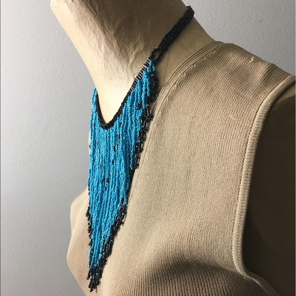 Turquoise & Black Glass Seed & Multi Strand Boho Handkerchief Necklace - Picture 6 of 13